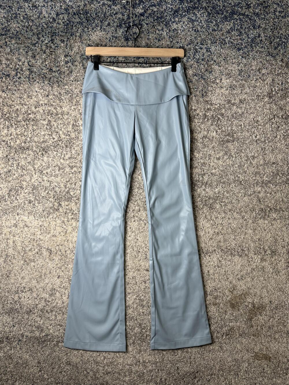 I Am Gia Pants Womens XS Blue Faux Leather Flare Yoga Fold Over High Rise Stain